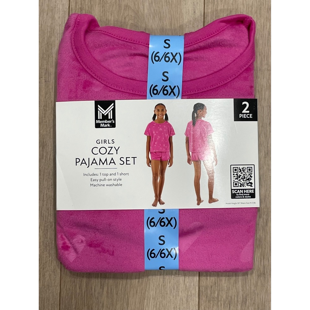 NWT Member's Mark Cozy Pajama Set Girls S 6/6X Pink Heart Fleece 2pc Loungewear
